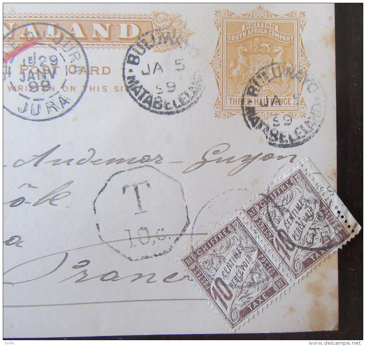 Entier Postal Mashonaland (ex-colonie Anglaise) - Daté 1899 à Destination De Dôle + Timbres Et Oblitération Taxe - Non Classés