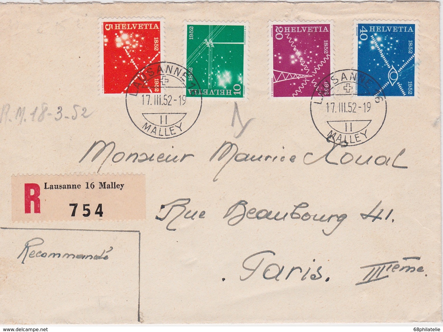 SUISSE 1952 LETTRE RECOMMANDEE DE LAUSANNE AVEC CACHET ARRIVEE PARIS - Briefe U. Dokumente