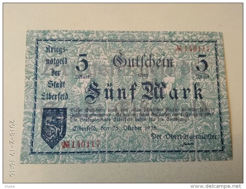 GERMANIA Elberfeld 5 Mark 1918 - [11] Local Banknote Issues