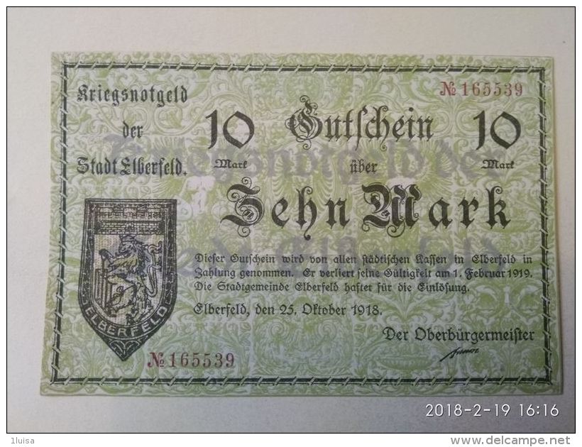 GERMANIA Elberfeld 10 Mark 1918 - [11] Emissioni Locali