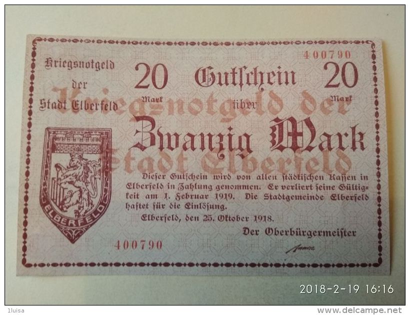 GERMANIA Elberfeld 20 Mark 1918 - [11] Emissioni Locali