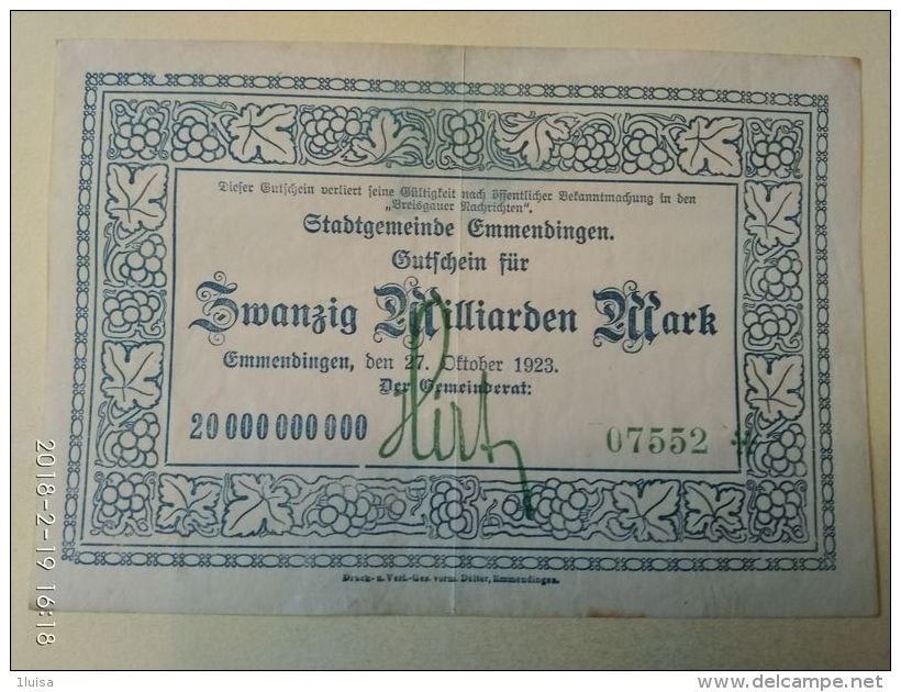 GERMANIA Emmenbingen 20 Miliardo Mark 1923 - [11] Emissioni Locali