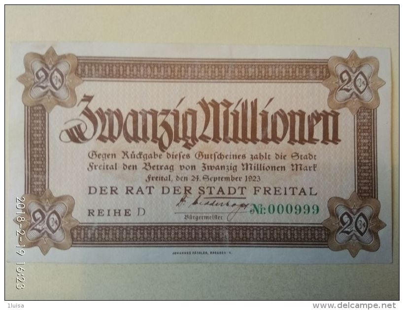 GERMANIA Freital 20 Milioni Mark 1923 - [11] Local Banknote Issues