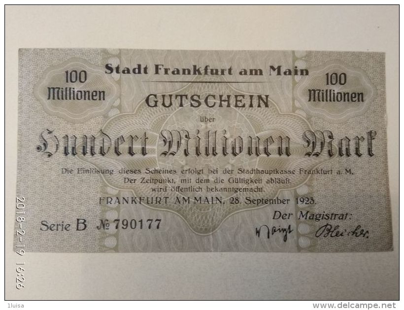 GERMANIA Frankfurt 100 Milioni Mark 1923 - [11] Emissioni Locali