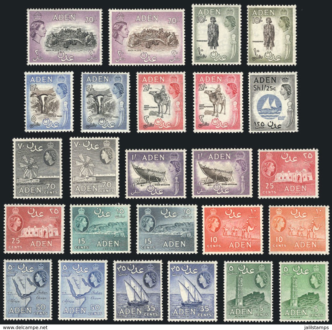 28 ADEN: Yvert 48/62A, 1953/8 Ships, Animals, Landscapes, Etc. Cmpl. Set Of 25 Values, - Aden (1854-1963)