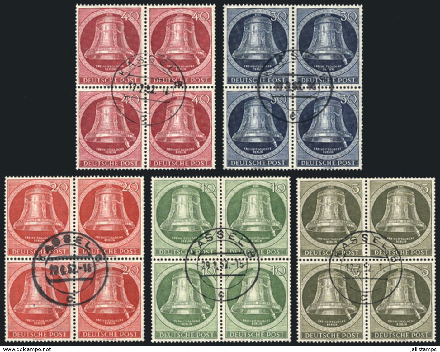 75 GERMANY - BERLIN: Yvert 68/72, 1952 Liberty Bell, Cpml. Set Of 5 Values In Used BLOC - Autres & Non Classés