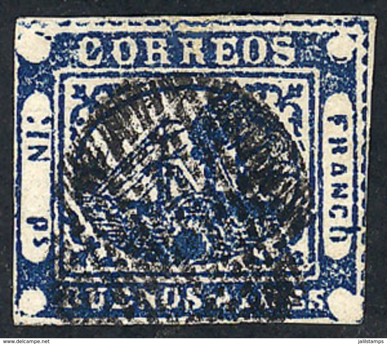 114 ARGENTINA: GJ.11, IN Ps. Blue, Type 39, WITH VARIETY: Large Ink Spot Below The Ship, - Buenos Aires (1858-1864)
