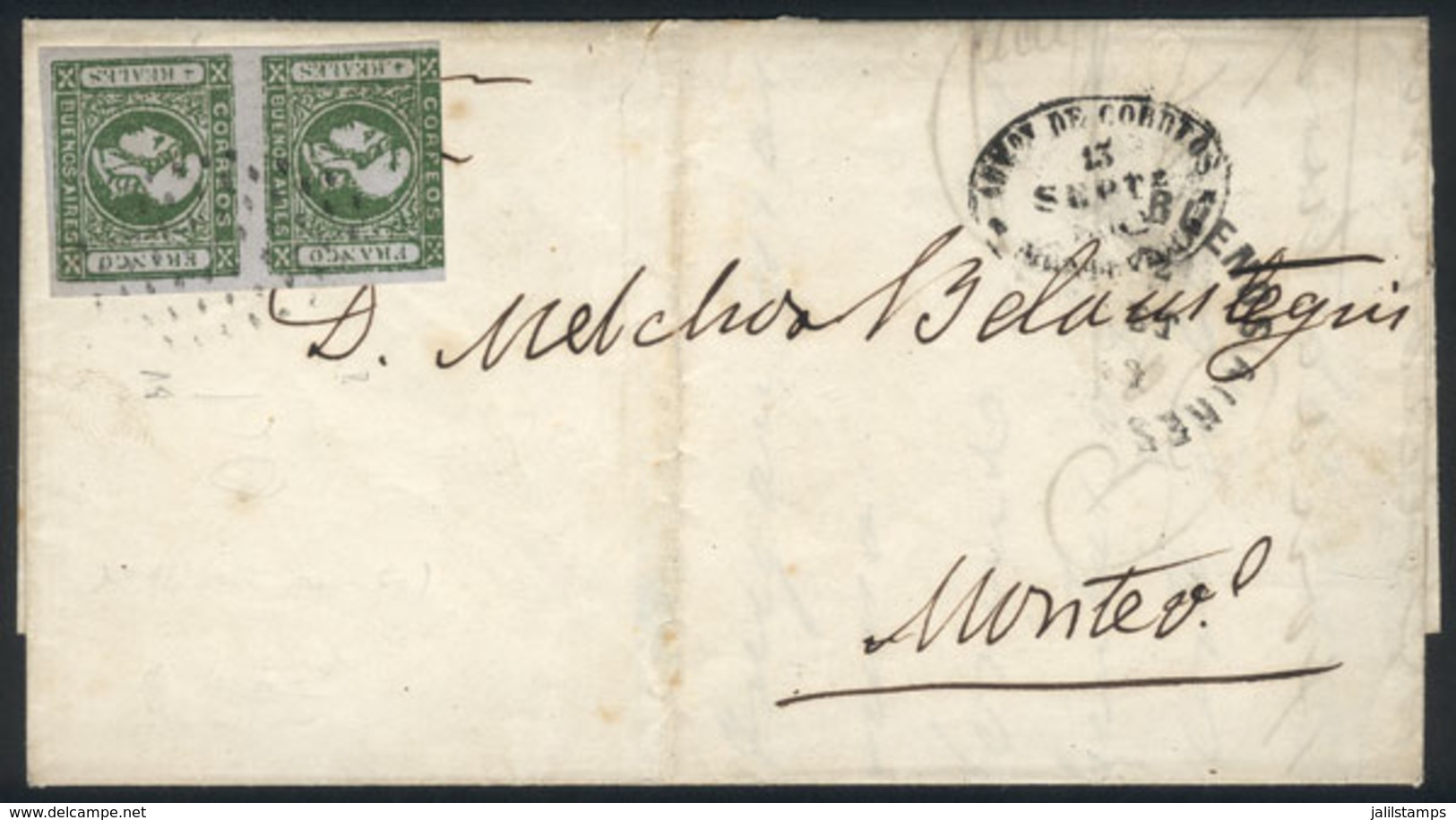 115 ARGENTINA: GJ.16 Vertical Pair Of 4R. Worn Impression, On Folded Cover With Dotted C - Buenos Aires (1858-1864)