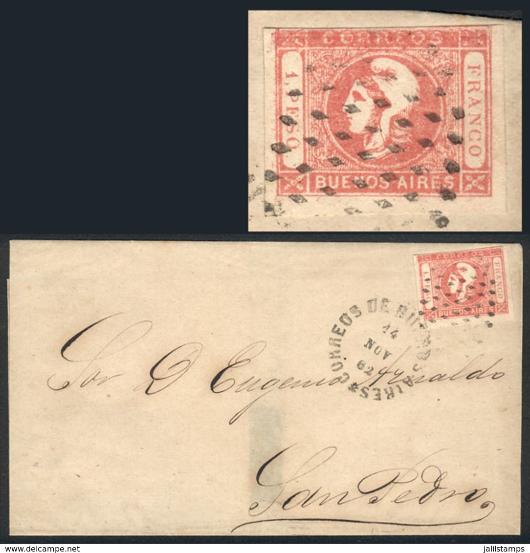 116 ARGENTINA: GJ.21, 1862 1P. Rose With PARTIAL DOUBLE IMPRESSION Variety (top Border, - Buenos Aires (1858-1864)
