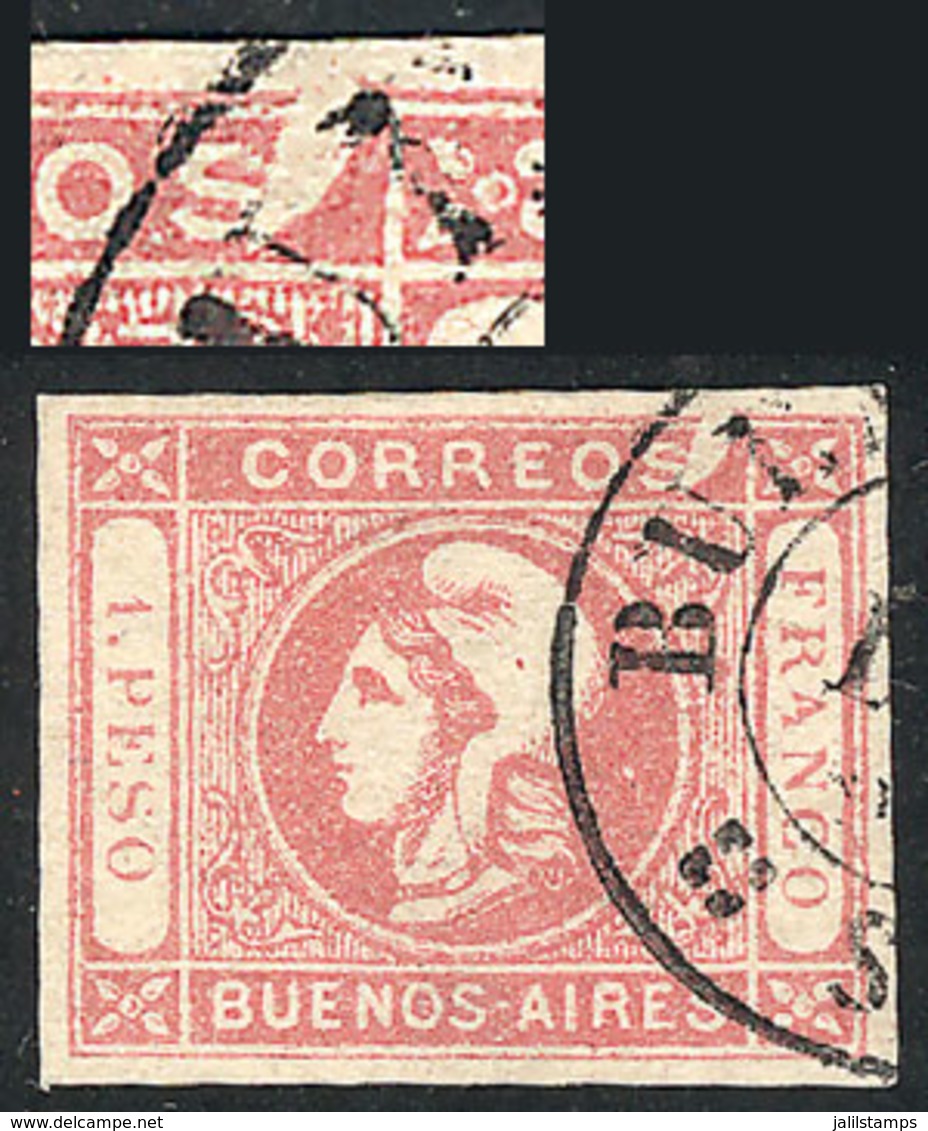 117 ARGENTINA: "GJ.21g, 1P. Rose, With Variety: "Top Right Angle Incomplete" (position - Buenos Aires (1858-1864)