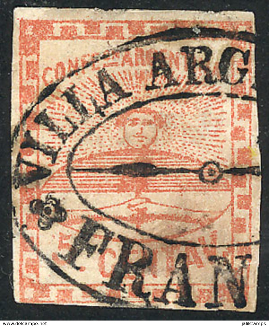 122 ARGENTINA: GJ.1, 5c. Red With The Extremely Rare Double Ellipse Cancel Of VILLA ARGE - Autres & Non Classés