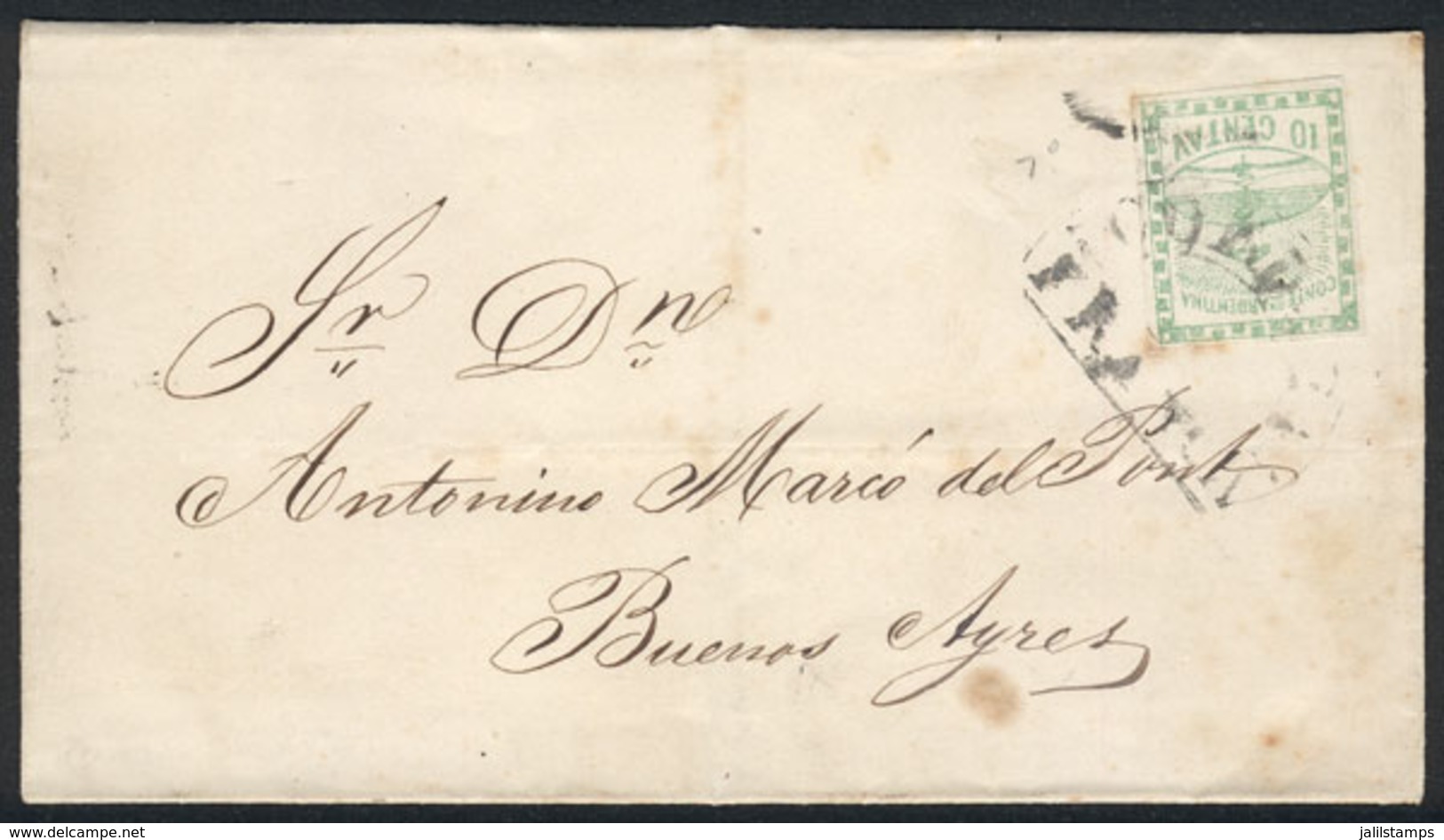 128 ARGENTINA: GJ.2, 1858 10c. Green On Folded Cover Dated 24/MAR/1859, To B.Aires, With - Autres & Non Classés