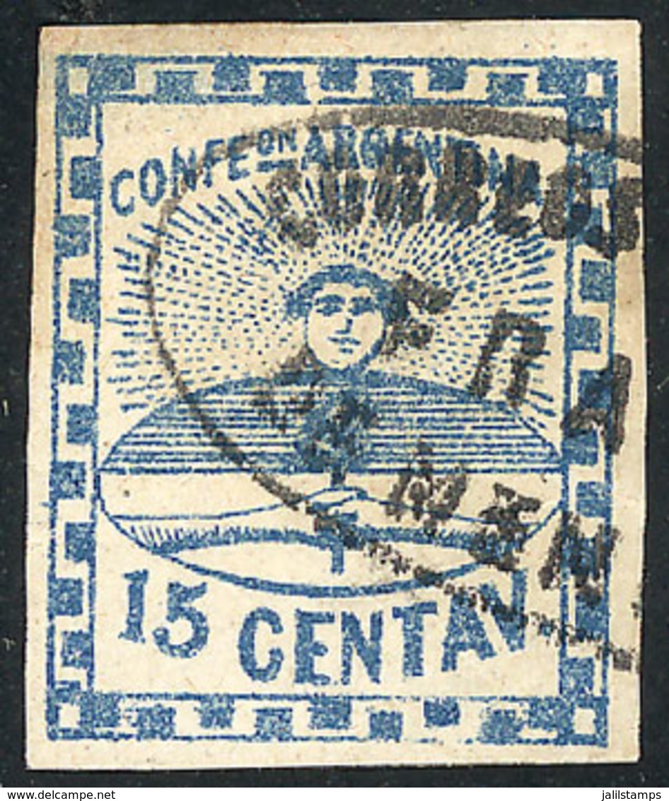 130 ARGENTINA: GJ.3, 15c. Blue, With Ellipse MENDOZA - FRANCA Cancel (+50%), VF Quality, - Autres & Non Classés