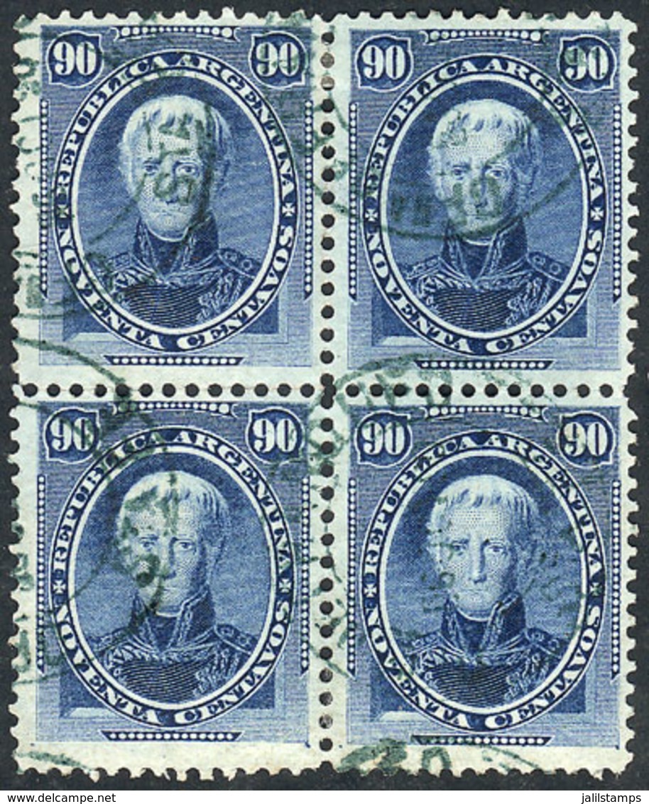 198 ARGENTINA: GJ.44, 1867 90c. Saavedra, Block Of 4 With Blue Cancel "Oficina De Fran - Autres & Non Classés