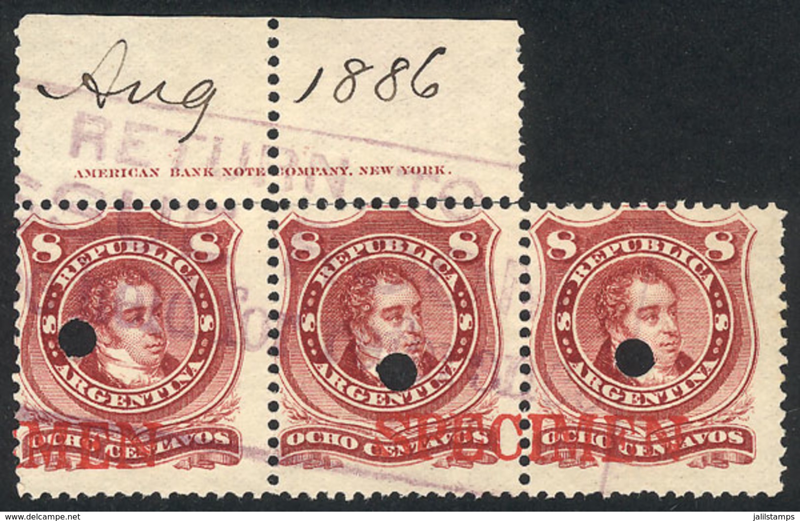 201 ARGENTINA: GJ.54B, Strip Of 3 With Red SPECIMEN Overprint And Punch Hole, Also Viol - Autres & Non Classés