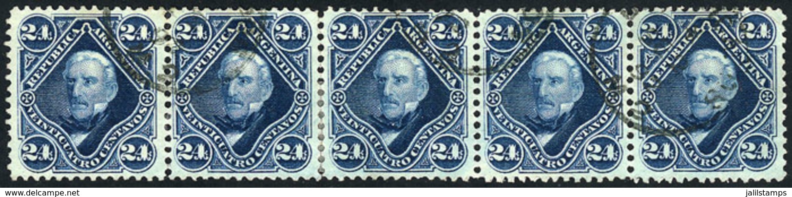 203 ARGENTINA: GJ.55, 1877 24c. San Martín, Used Strip Of 5, VF Quality, Rare! - Autres & Non Classés
