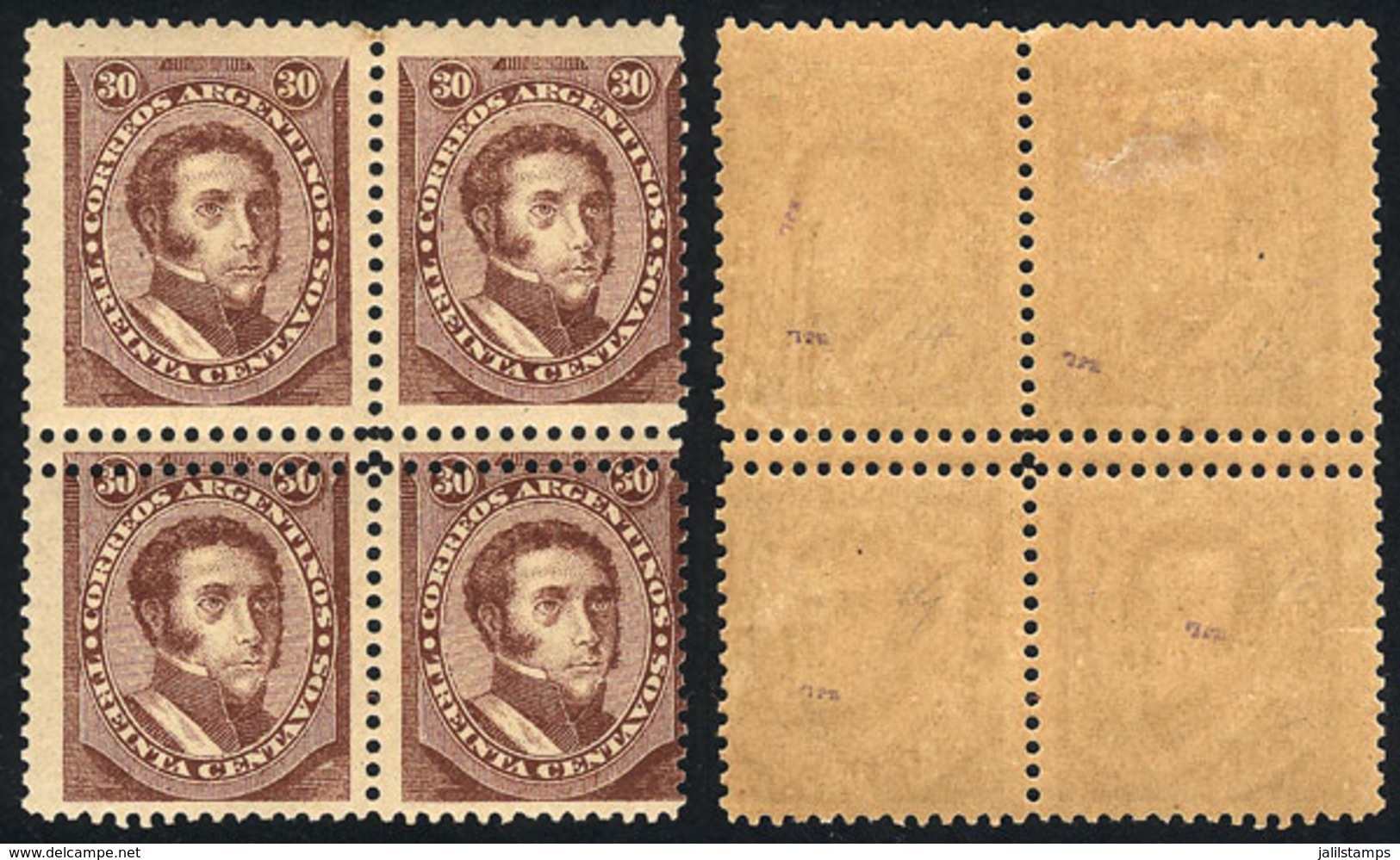 206 ARGENTINA: GJ.91, 30c. Dorrego Of The Kidd Issue, Block Of 4 With Variety: DOUBLE Ho - Autres & Non Classés