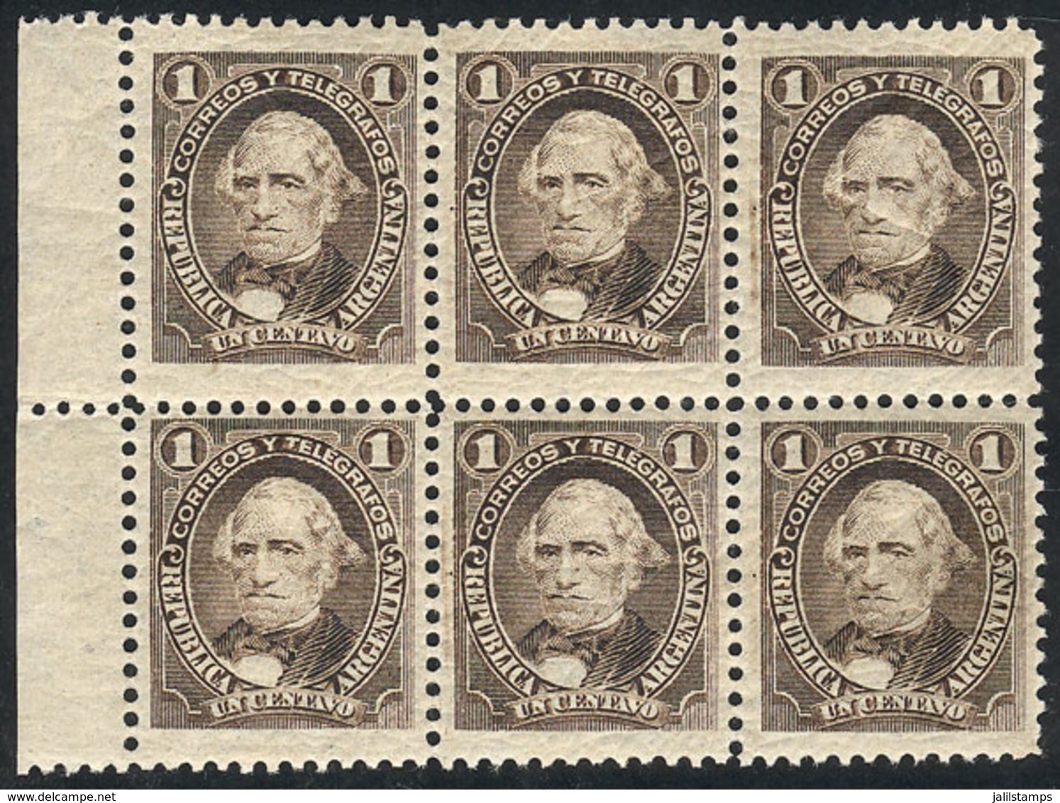 208 ARGENTINA: GJ.98, Velez Sarsfield 1c. Sepia, MNH Block Of 6, Superb! - Autres & Non Classés