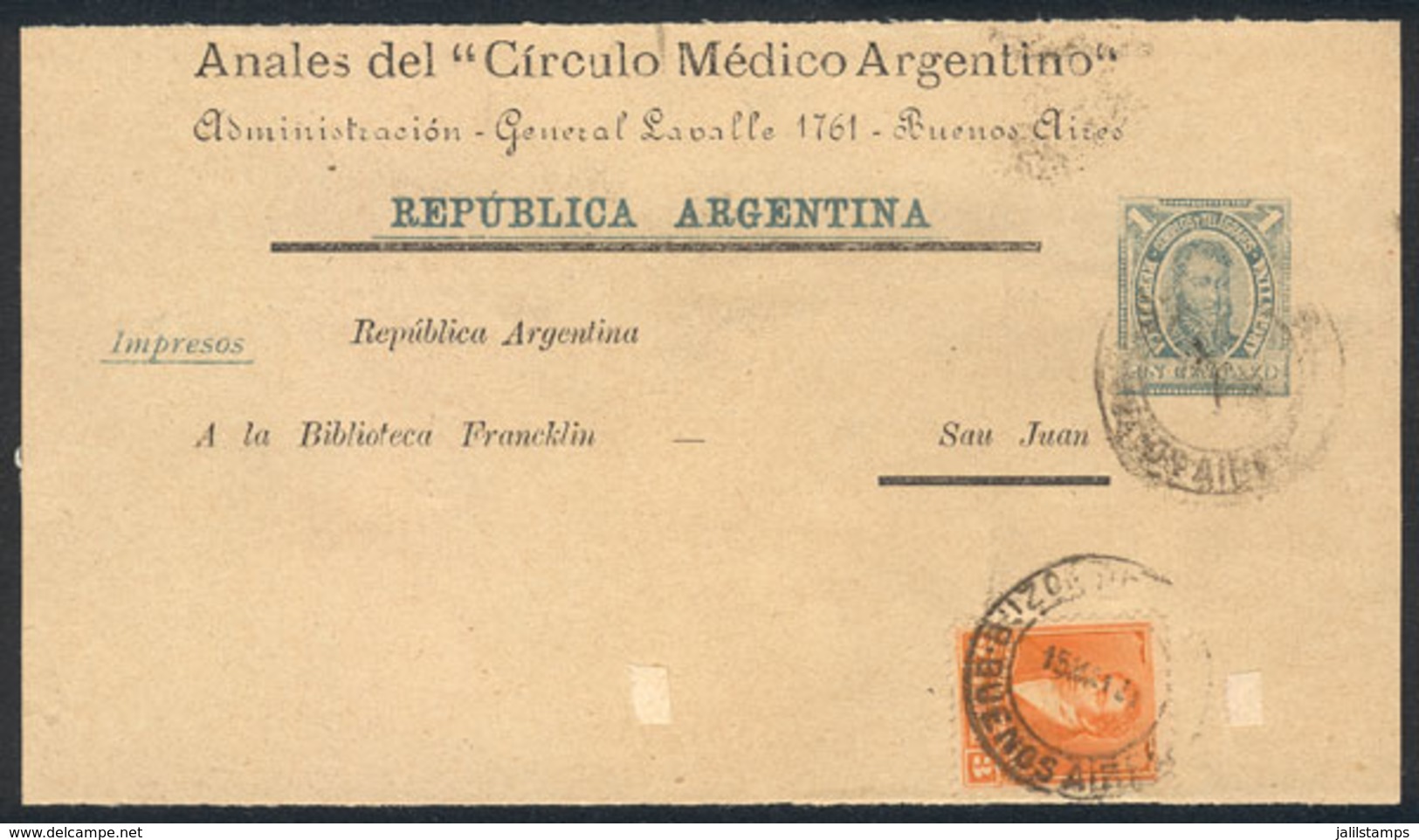 227 ARGENTINA: GJ.177 Uprating A Front Of Wrapper Of 1c. Sent From Buenos Aires To San J - Autres & Non Classés