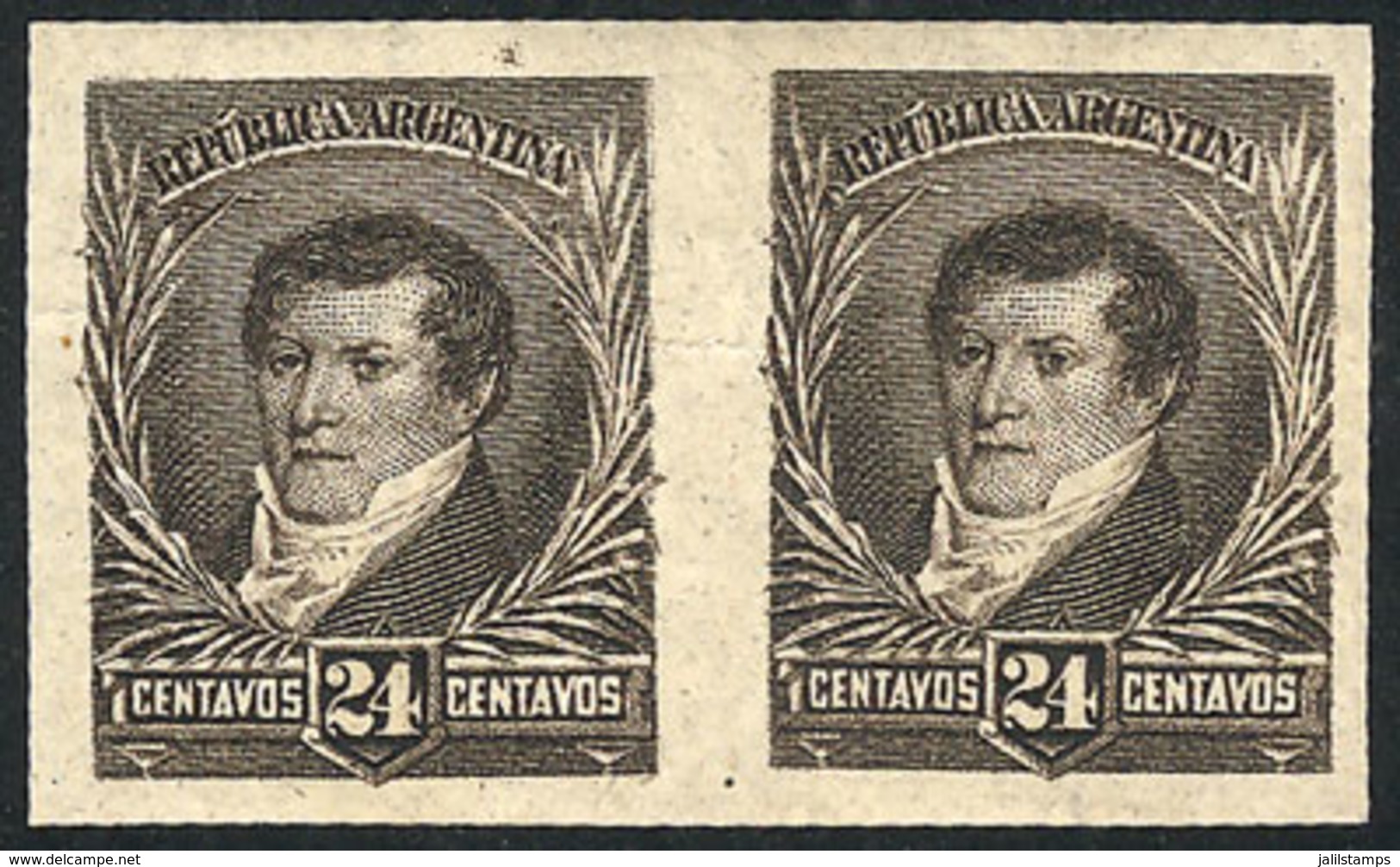 230 ARGENTINA: GJ.182P, 24c. Belgrano With Large Sun Wmk, IMPERFORATE PAIR, MNH, Very Fi - Autres & Non Classés