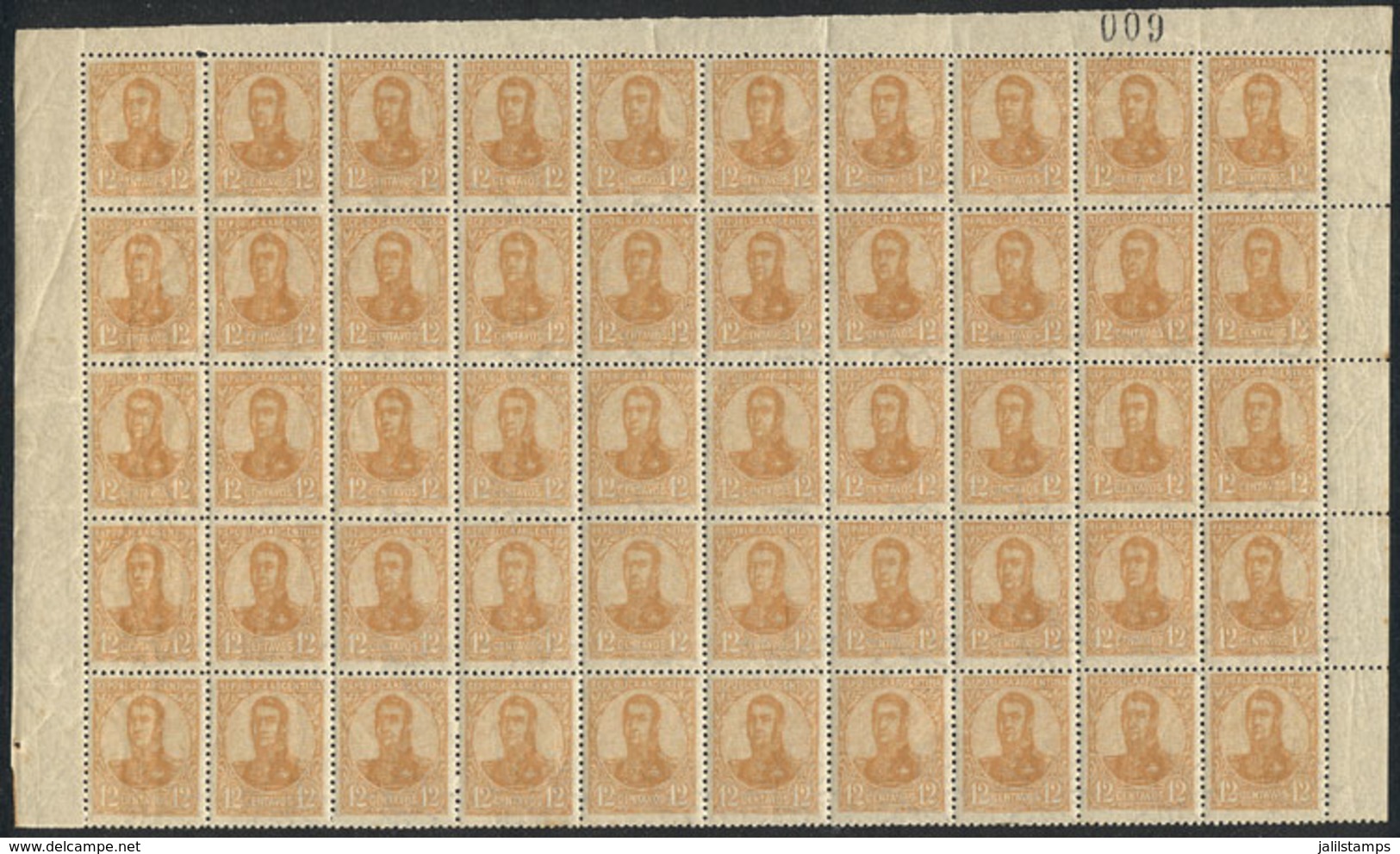 235 ARGENTINA: GJ.294, 1908 San Martín In Oval 12c. Orange, Top Half Of A Sheet Of 100, - Autres & Non Classés