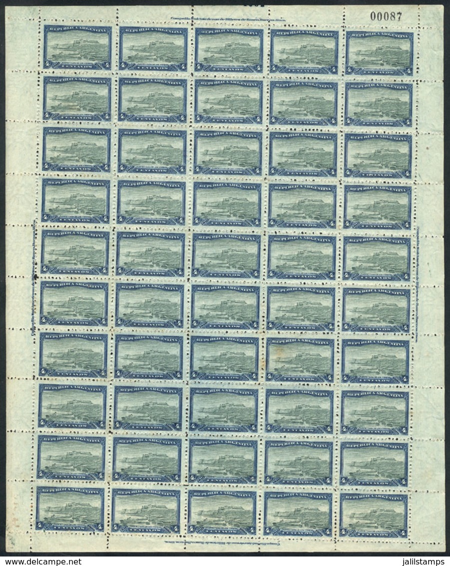237 ARGENTINA: GJ.304, 1910 4c. Fort, Complete Sheet Of 50 Stamps, Unmounted But With So - Autres & Non Classés