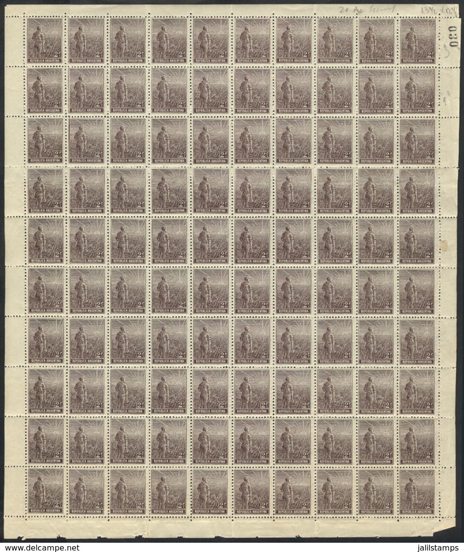 241 ARGENTINA: GJ.321, 1911 2c. Plowman, Sun Wity Wavy Rays Wmk, COMPLETE SHEET Of 100 S - Autres & Non Classés