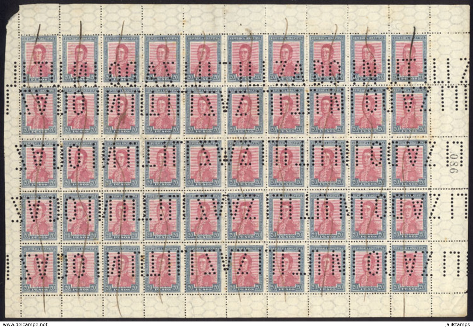 247 ARGENTINA: GJ.455O, 1917 20P. San Martín With Horizontal Honeycomb Wmk, Complete Sh - Autres & Non Classés