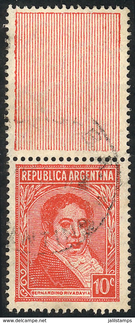 262 ARGENTINA: GJ.798CA, 10c. Rivadavia With Label At Top, From The Gutter, Used, Excell - Sonstige & Ohne Zuordnung