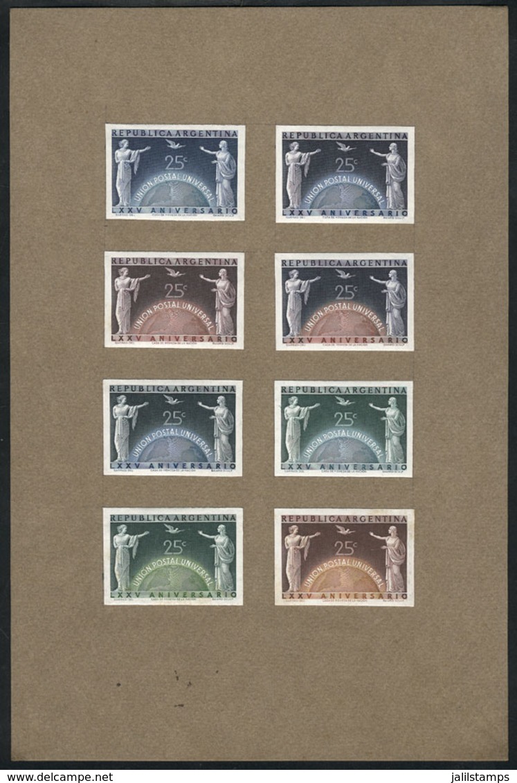 266 ARGENTINA: GJ.975, 1949 UPU 75 Years, Group Of 8 Different Trial Color Proofs On A C - Autres & Non Classés