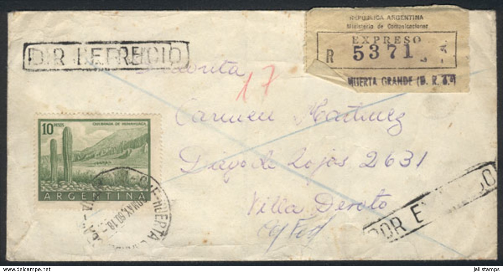 269 ARGENTINA: GJ.1054A Franking Alone A Cover Sent By Express Mail From Huerta Grande T - Autres & Non Classés