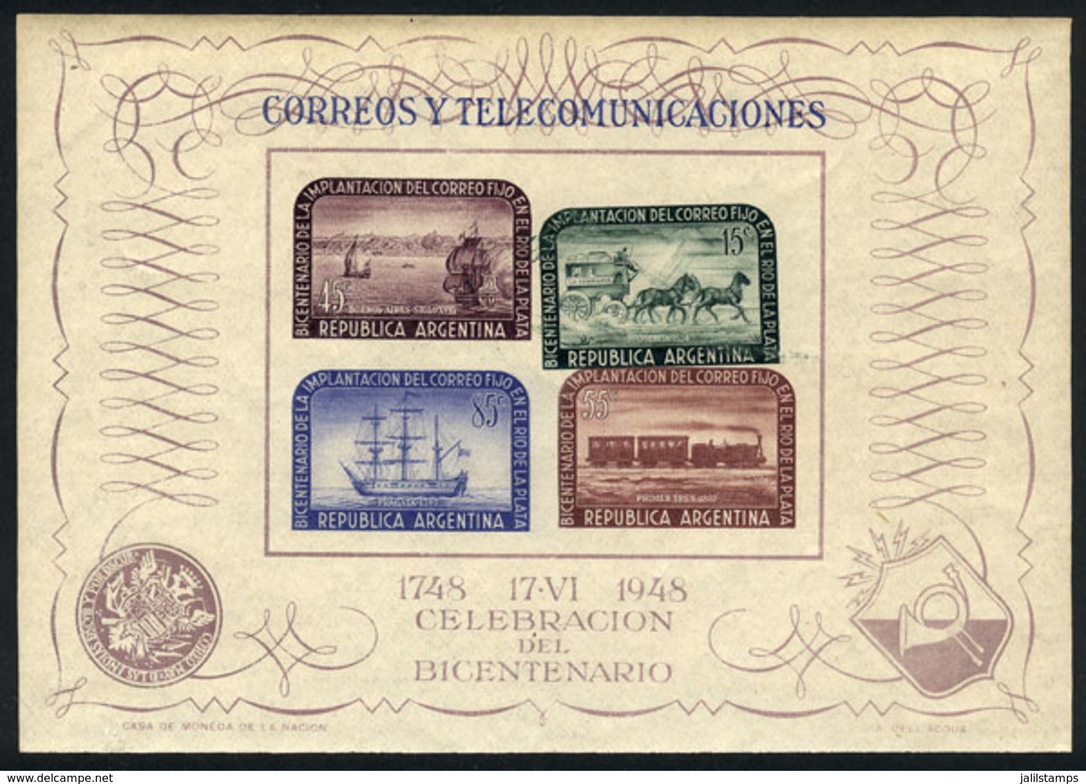 291 ARGENTINA: GJ.11, 1948 Postal Service 200 Years (ships, Horses, Sailing Boats, Train - Blocs-feuillets