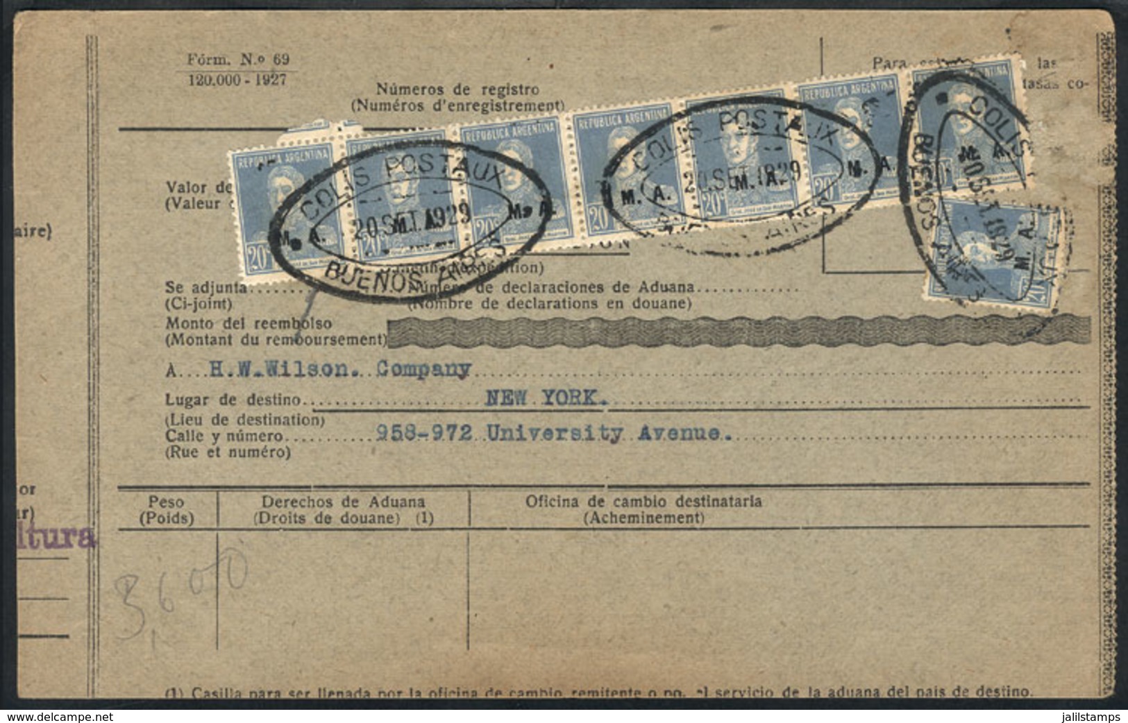 296 ARGENTINA: Guide Of Official Mail Sent To New York On 20/SE/1929, Franked By GJ.93 X - Officials
