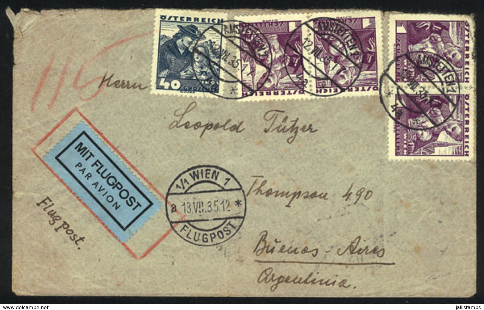 453 AUSTRIA: Airmail Cover Sent From Amstetten To Argentina On 12/JUL/1935 Franked With - Autres & Non Classés