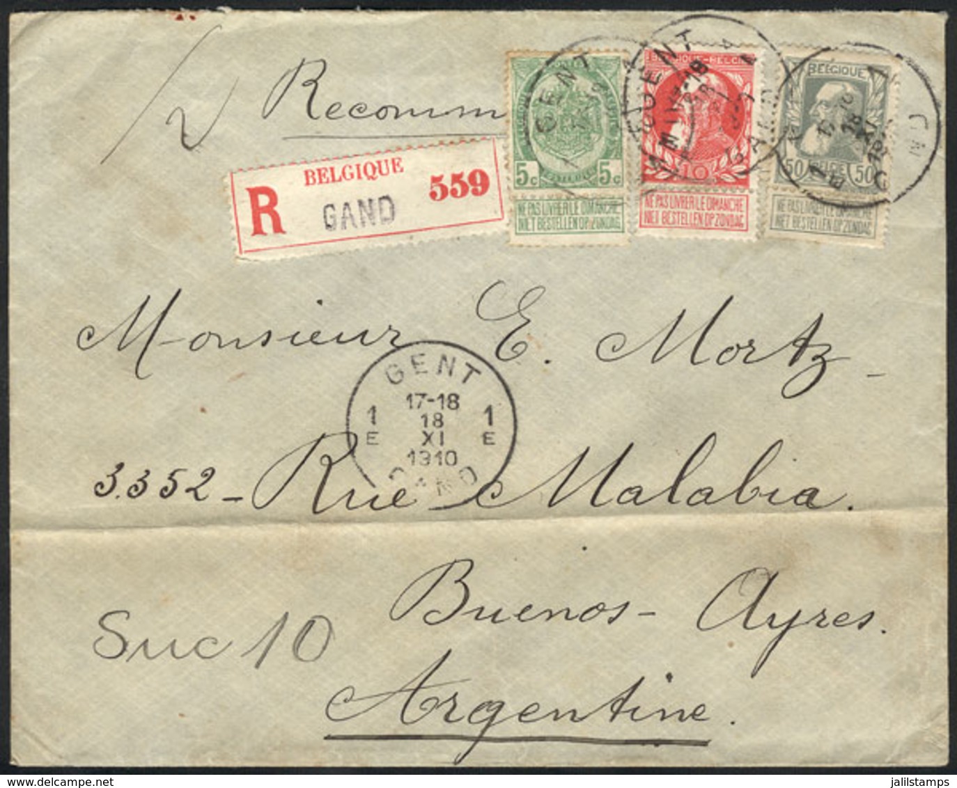473 BELGIUM: Registered Cover Franked By Sc.84 + 85 + 89 (total 65c.), Sent From Gent To - Autres & Non Classés