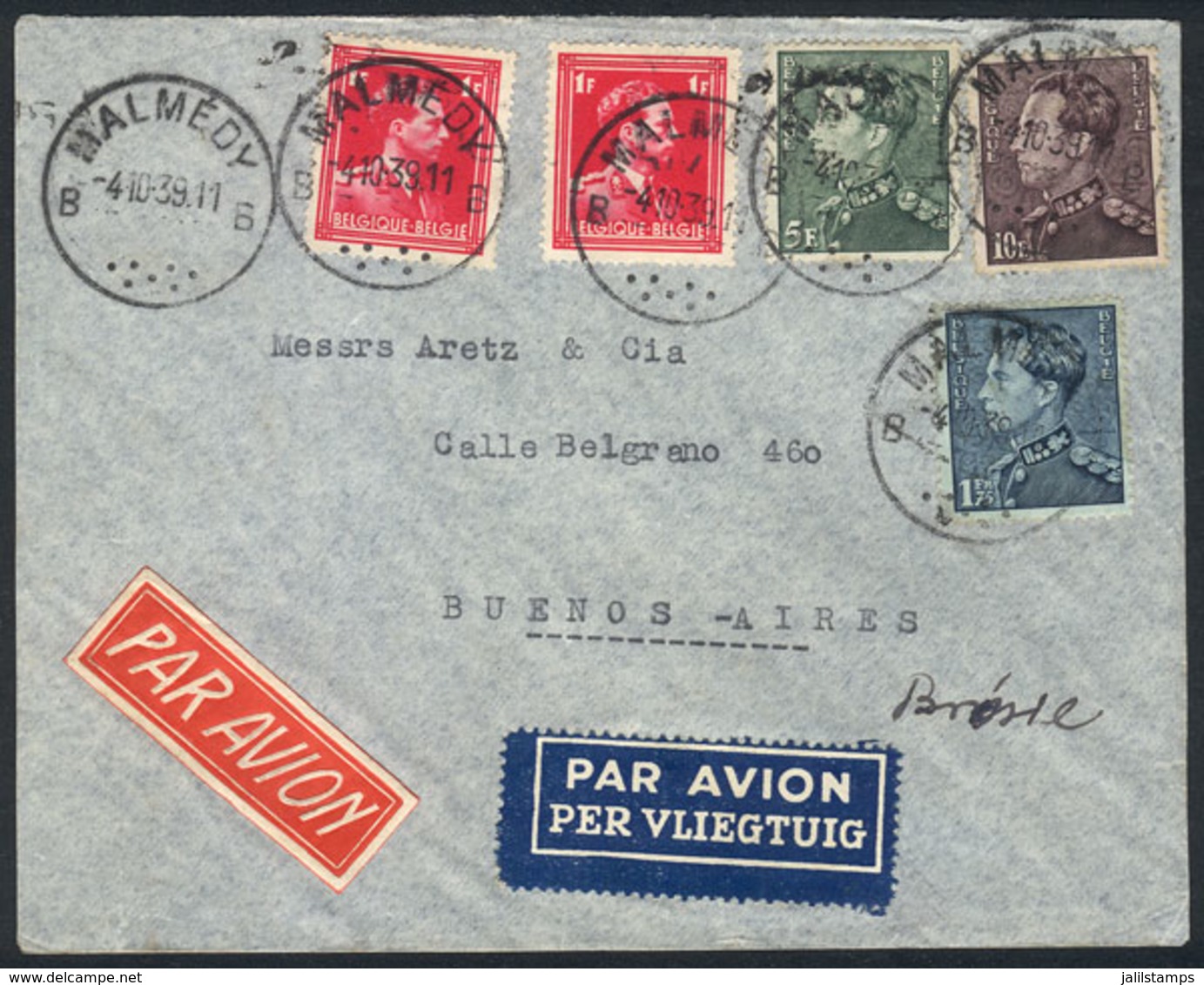 476 BELGIUM: Airmail Cover Franked 18.75Fr., Sent From Malmedy To Argentina On 4/OCT/193 - Autres & Non Classés