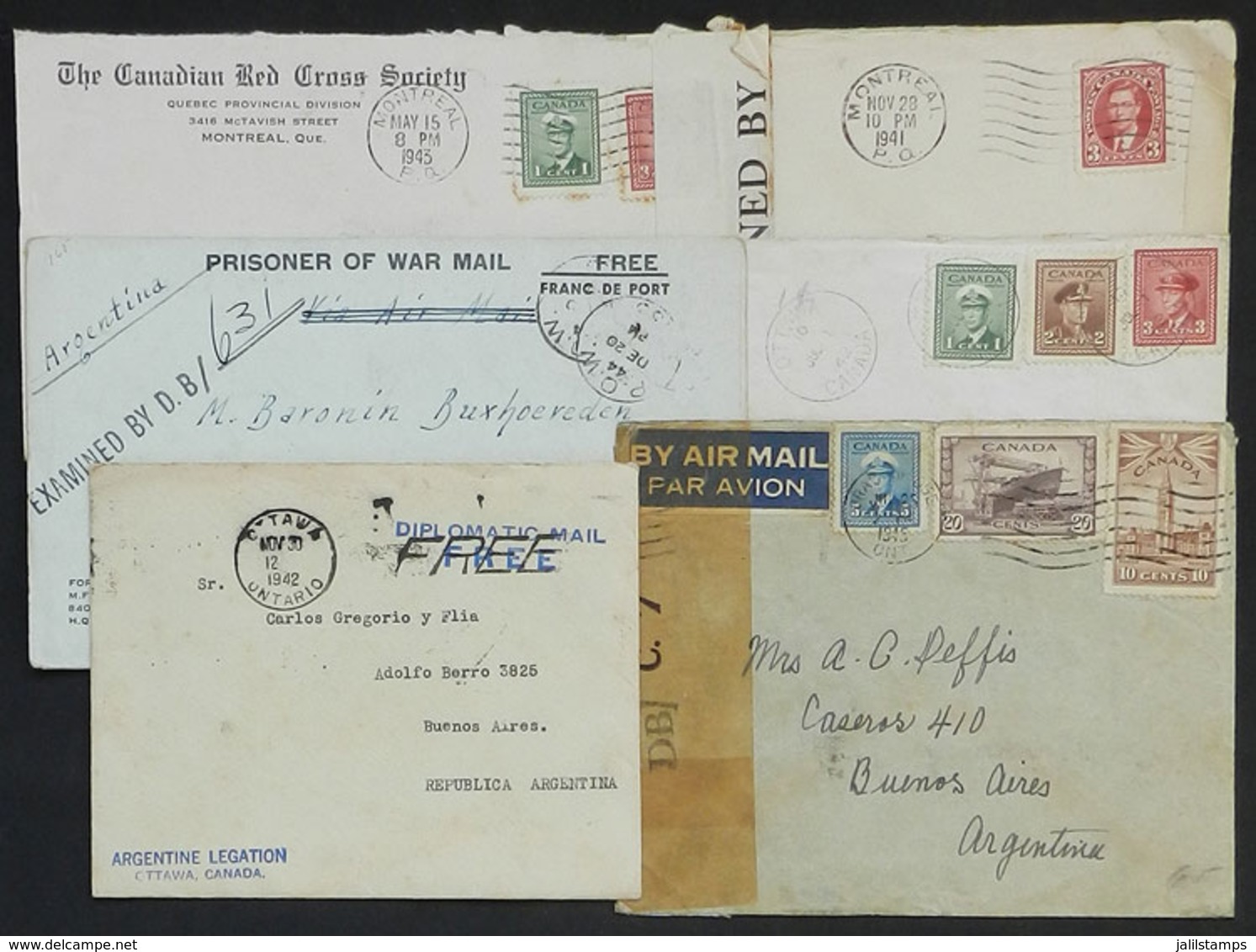 509 CANADA: 6 Covers Or Cards Sent To Argentina Between 1941 And 1945, Almost All CENSOR - Autres & Non Classés