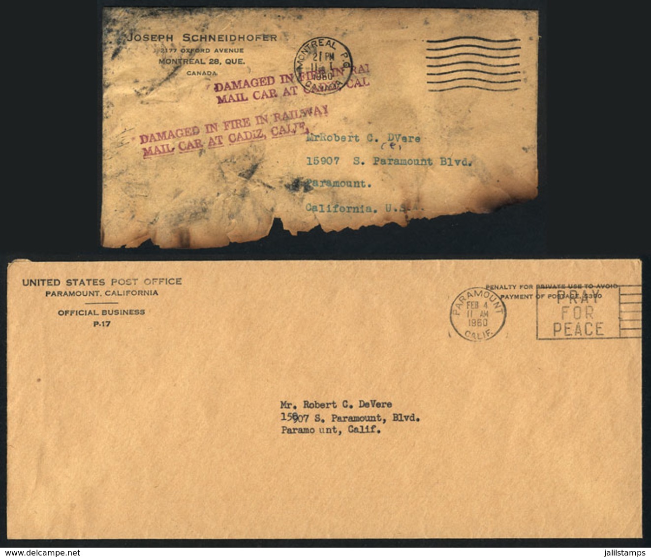 510 CANADA: Cover Sent From Montreal To California On 11/JA/1960, Damaged In A Fire And - Sonstige & Ohne Zuordnung