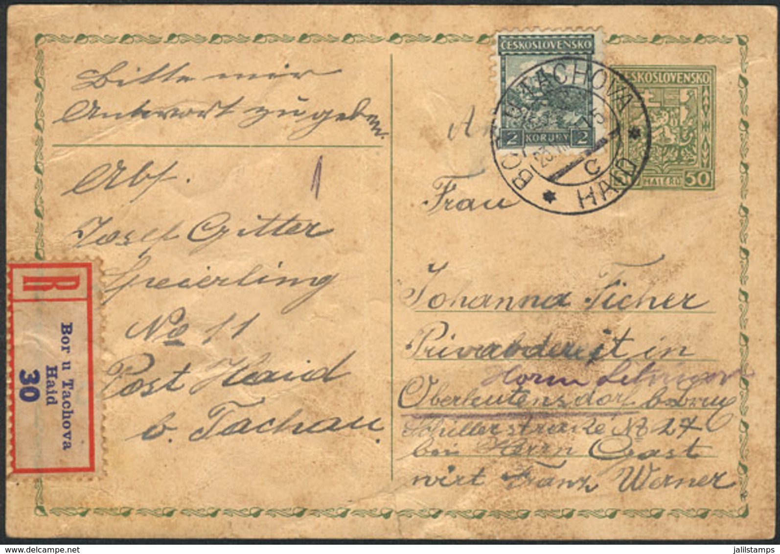 519 CZECHOSLOVAKIA: 50h. Postal Card (PS) Uprated With 2K., Sent By Registered Mail, Wit - Autres & Non Classés