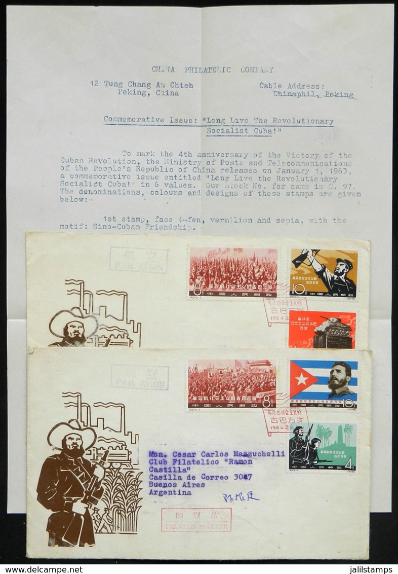 556 CHINA: Sc.655/660, 1963 Cuban Revolution, Cmpl. Set Of 6 Values On 2 FDC Covers (+ O - Autres & Non Classés