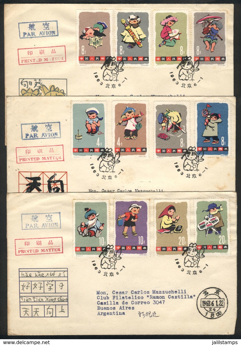 559 CHINA: Sc.684/695, 1963 Children, The Set Of 12 Values On 3 FDC Covers Sent To Argen - Autres & Non Classés