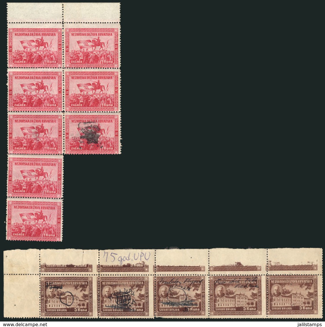 642 CROATIA: Strip Of 5 Stamps + Block Of 8 Of 2 Stamps Issued By The Govenment In Exile - Croatie