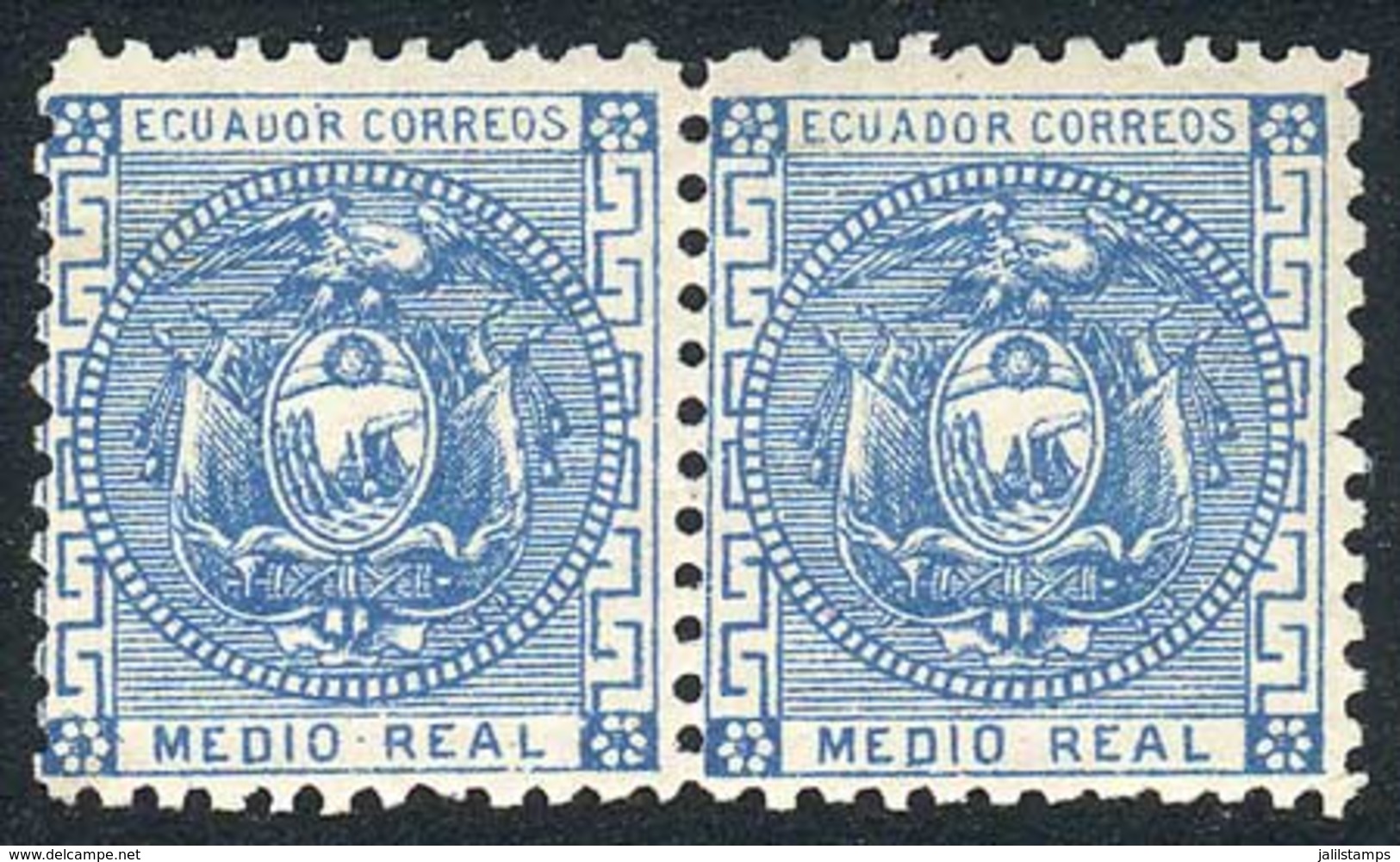 654 ECUADOR: Sc.9, ½ Real Blue, Fantastic PAIR Mint With Full Original Gum, Very Rare, O - Equateur