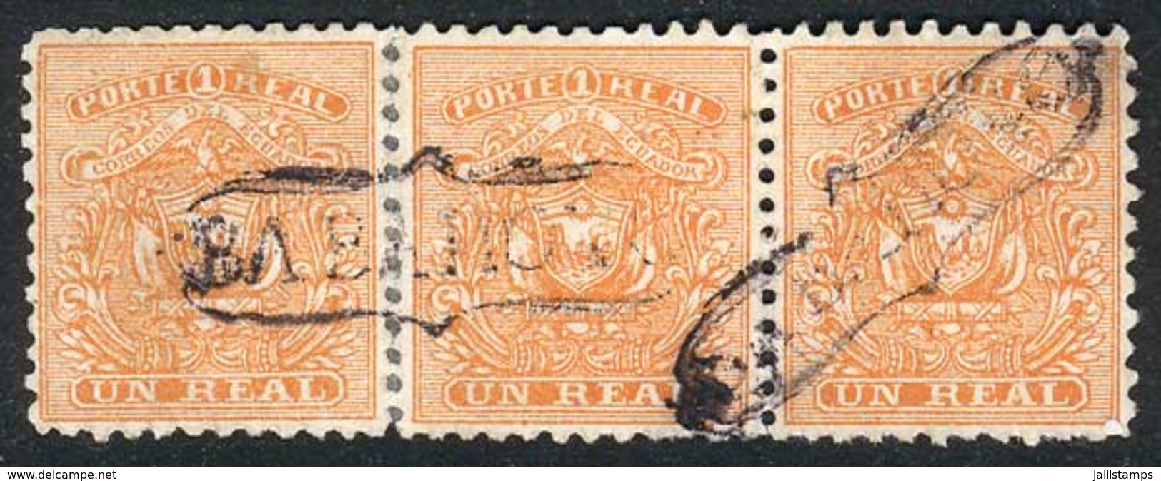 659 ECUADOR: Sc.10, Used Strip Of 3 Cancelled BABAHOYO, VF. The Perforation Of The Left - Equateur