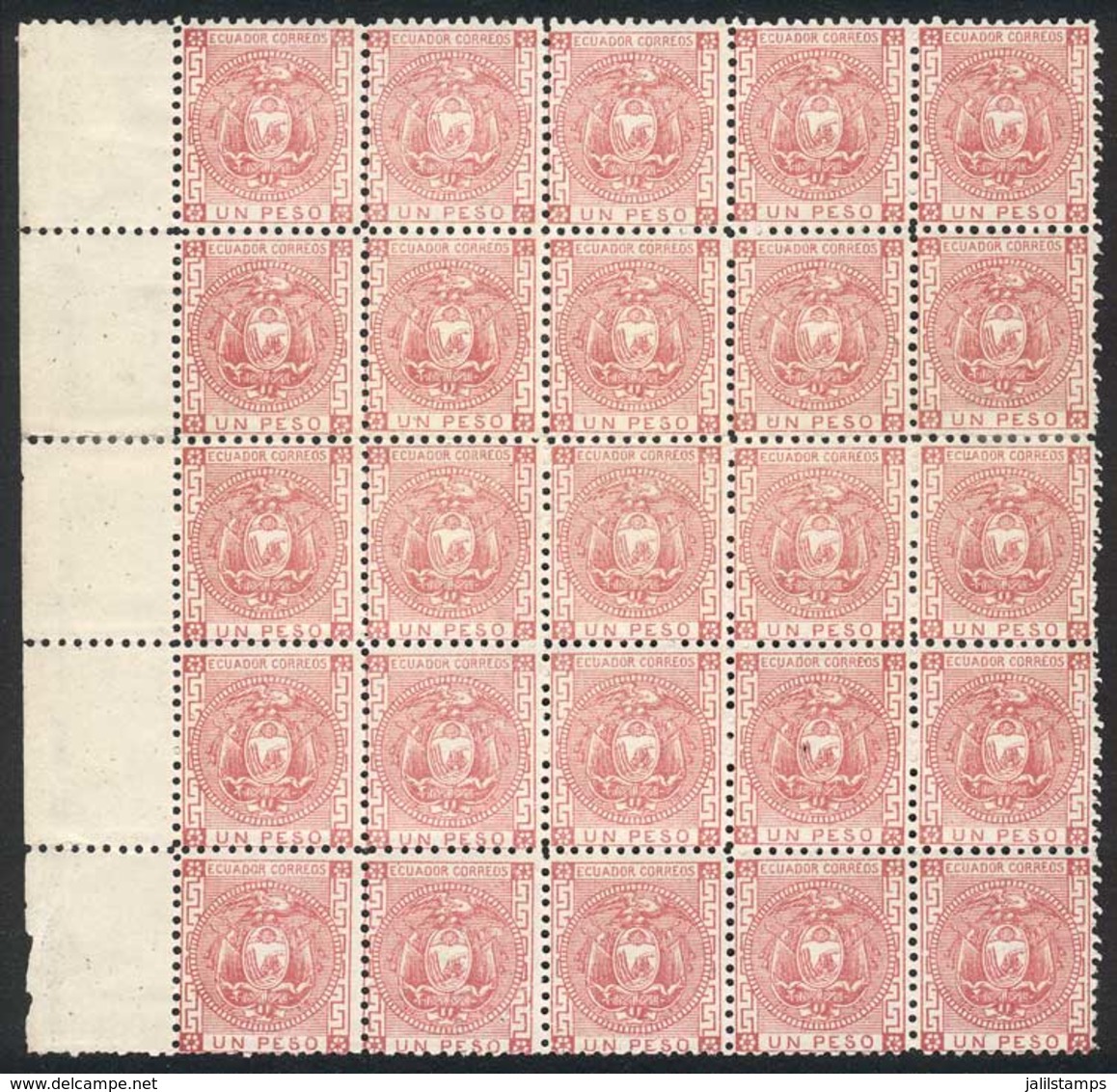 662 ECUADOR: Sc.11, 1P. Rose, Fantastic BLOCK OF 25 Examples With Left Sheet Margin, Mos - Equateur