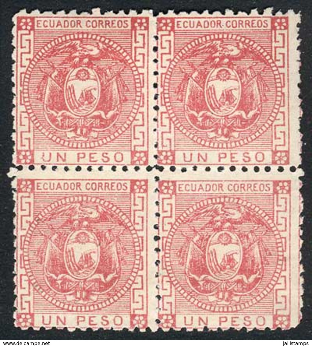 663 ECUADOR: Sc.11, 1P. Rose, Mint BLOCK OF 4 With Full Original Gum, 2 Stamps Hinged, T - Equateur