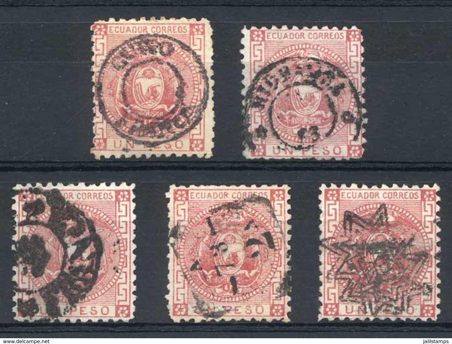 664 ECUADOR: Sc.11, 1P. Rose, 5 Used Examples With Different Cancels, VF Quality, Rare G - Equateur