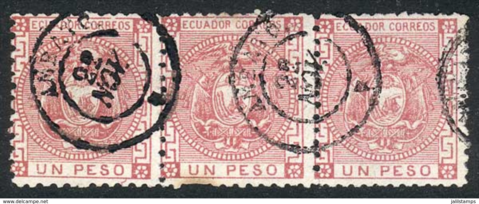 665 ECUADOR: Sc.11, 1P. Rose, Used STRIP OF 3 With Datestamp Of AMBATO, VF Quality, Rare - Equateur