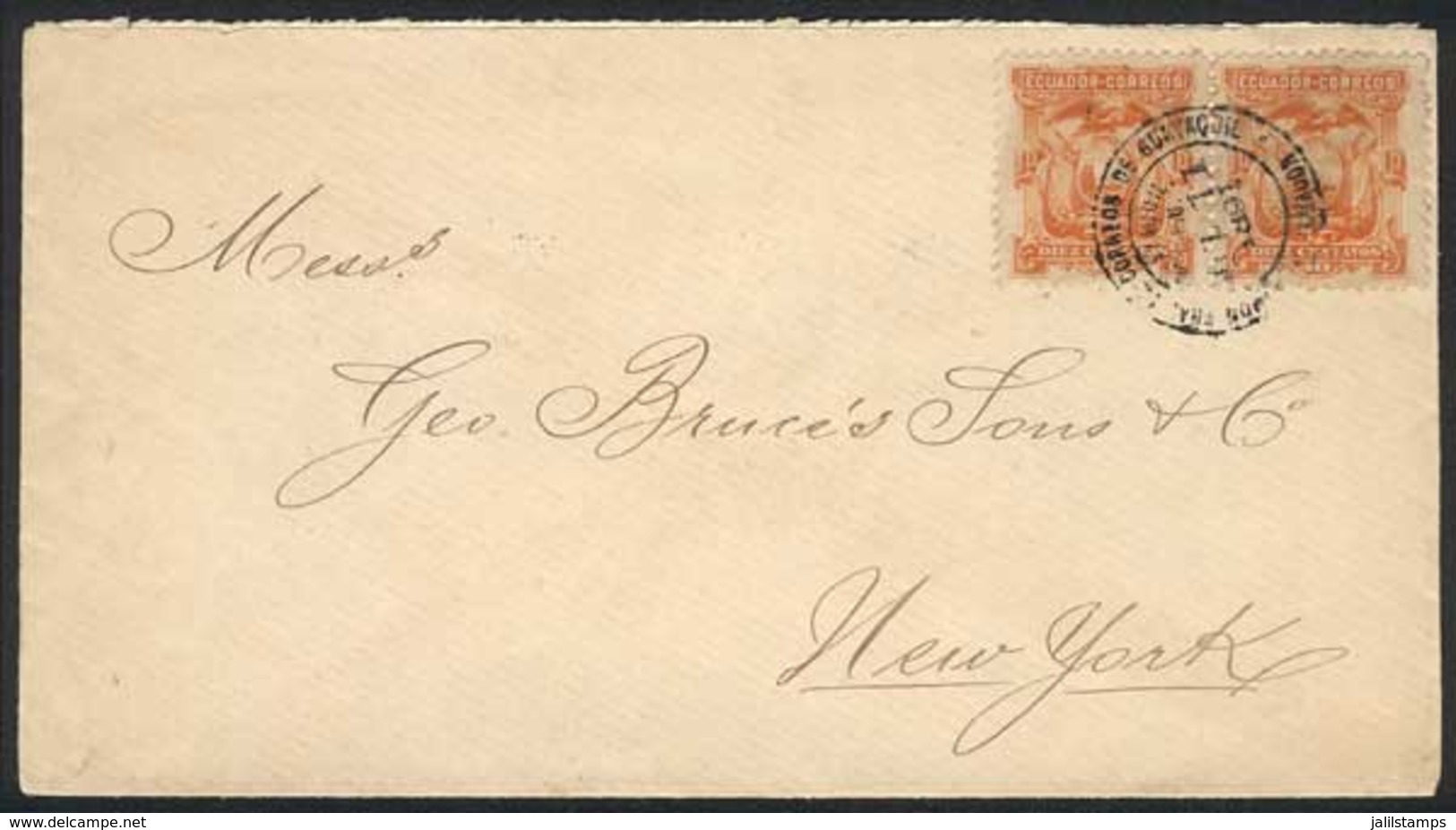 671 ECUADOR: Cover Franked With 10c. Pair (Sc.15), Sent From Guayaquil To New York On 11 - Equateur