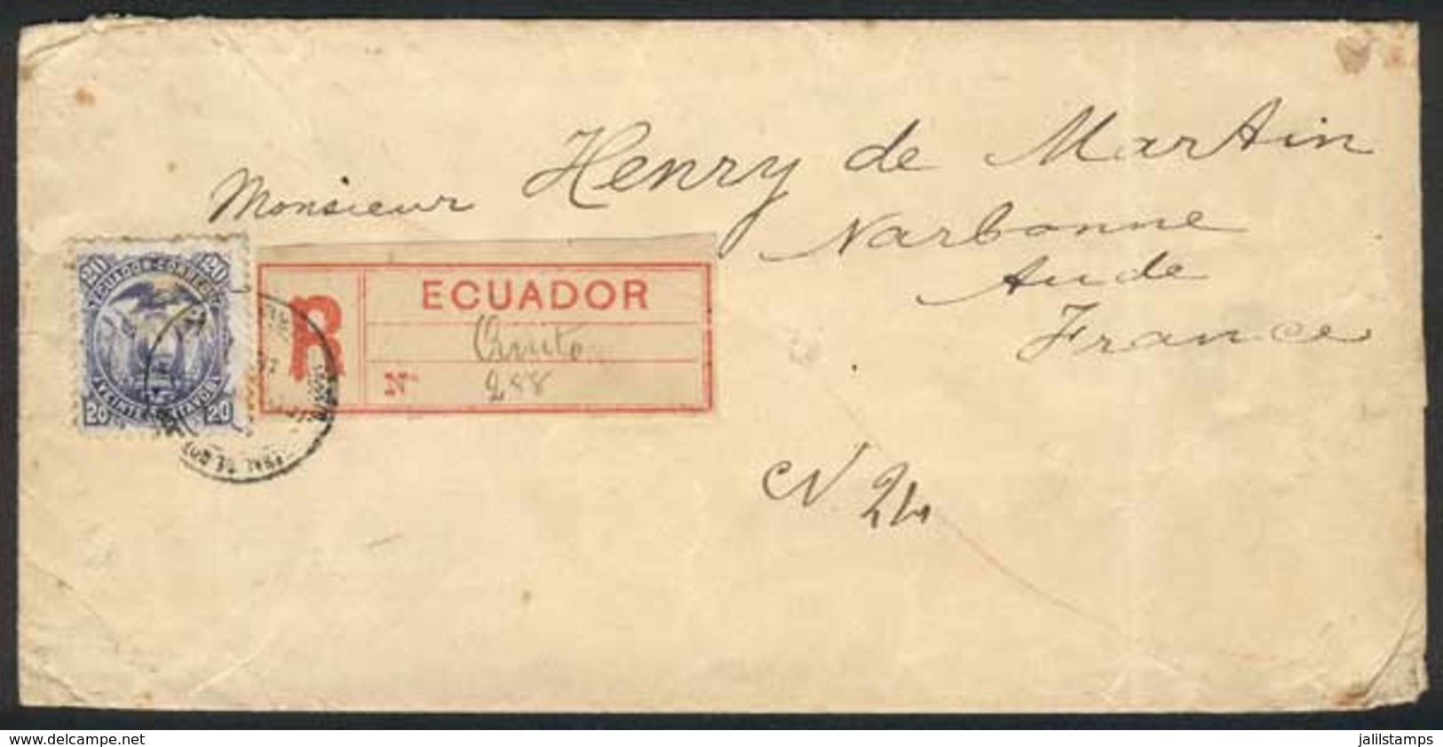 675 ECUADOR: REGISTERED Cover Franked With 20c. (Sc.16) Alone, Sent From Quito To France - Equateur